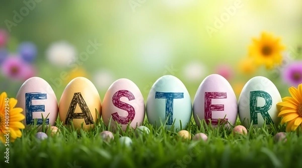 Fototapeta Easter Eggs with Lettering in Spring Meadow