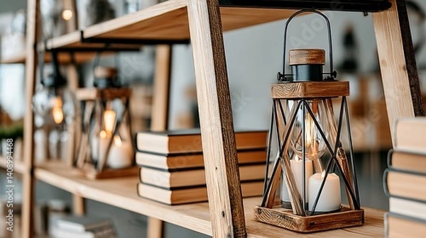 Obraz Wooden shelf with books, lanterns, and decorative lightbulbs create a cozy interior scene
