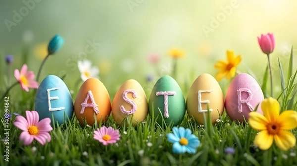 Fototapeta Easter Eggs with Lettering in Spring Meadow