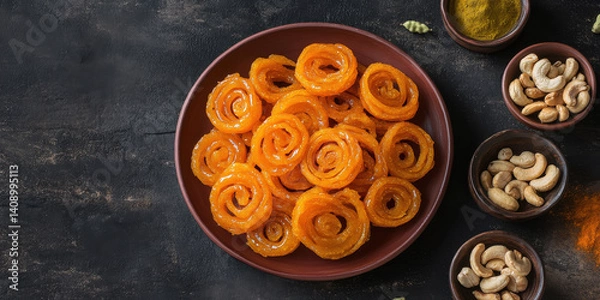 Obraz Jalebi on a terracotta plate, accompanied by small bowls containing cardamom and cashews, with an orange color theme