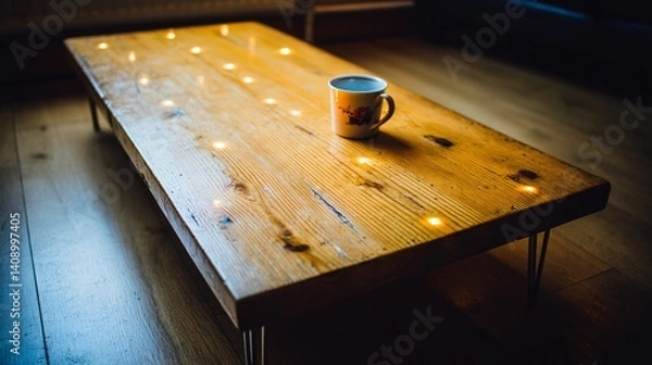 Obraz Yellow mug sits on a warm, rustic wood table with hairpin legs. Indoor scene
