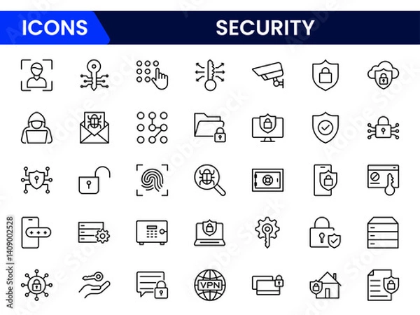 Fototapeta Vector illustration web line icon collection showcasing security elements such as shield, lock, password, surveillance camera, firewall, encryption, fingerprint, antivirus, and secure access.