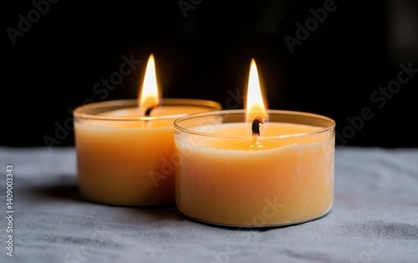 Fototapeta Two Amber Candles Burning on Dark Surface