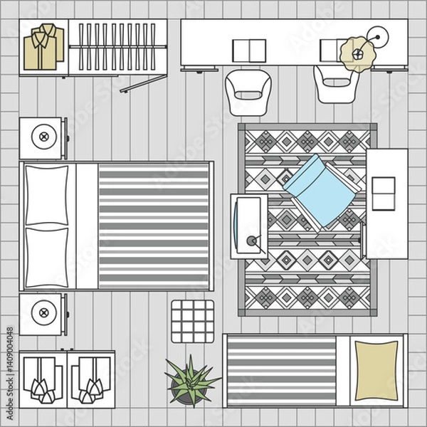 Obraz Bedroom scene with wardrobe, bed, bedside table and accessories in top view. Apartment layout. Collection of furniture icons for architectural drawings and interior design. Vector floor plan