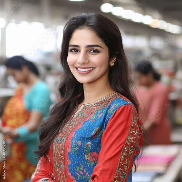 Obraz happy cheerful pretty smiling young woman manager standing confidently at factory