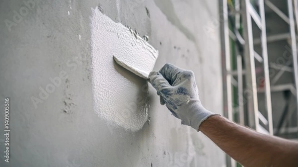 Fototapeta A plasterer smoothing the surface of a drywall at a construction site. Featuring craftsmanship and efficiency