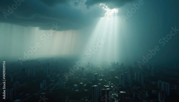 Fototapeta Dramatic Cityscape Under Dark Clouds and Sunlight Breaking Through Rain