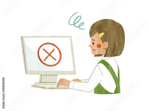 Obraz 困った表情でパソコンを使っているエプロンを着用した女性-ガッシュ