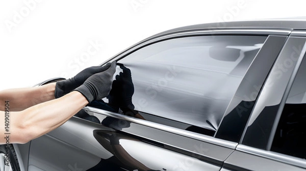 Fototapeta Professional Application of Tinting Foil on Car Window in Auto Service Shop
