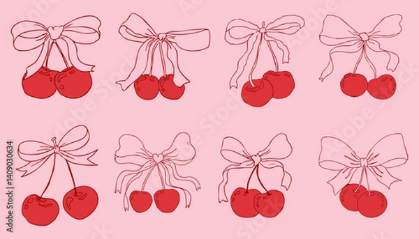 Obraz Cherry with bow coquette girly fruit, tie ribbon sketchy doodle drawing, y2k retro aesthetic. Whimsical cute cherry. 