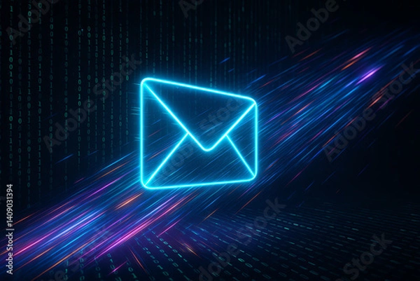 Fototapeta A vibrant, neon blue email icon set against a dynamic digital backdrop. The glowing illustration represents communication, innovation, and connection in the modern tech landscape.