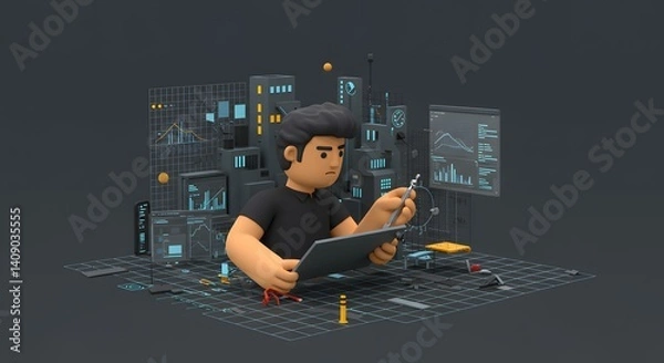 Fototapeta 3D Render of a Programmer Working on a Tablet with Data Visualization