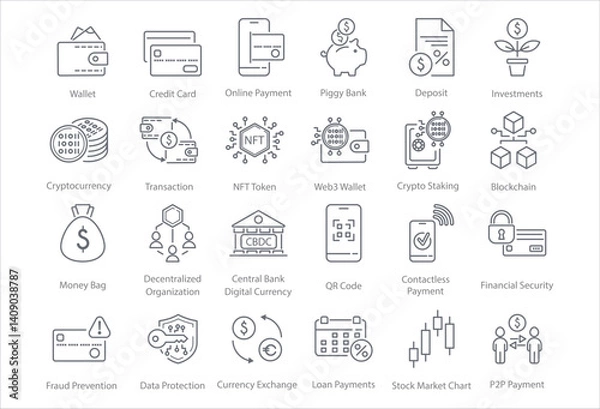 Fototapeta Finance icon set featuring card, money, payment, bank, wallet, and pay symbols. Suitable for mobile apps, websites, digital wallets, and fintech interfaces.