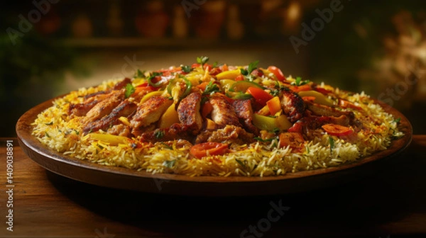 Fototapeta A well-composed studio photo of a large biryani platter, filled with golden rice, spiced chicken slices