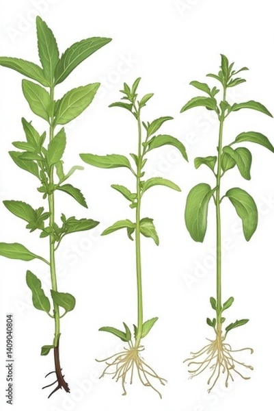 Fototapeta Illustration showing different parts of Stevia rebaudiana, including leaves and roots in a detailed format