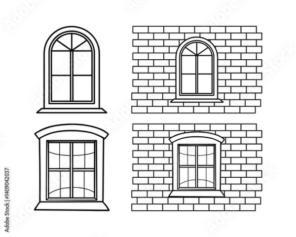 Obraz Vector illustration of classic arched windows with detailed brick wall backgrounds. Minimalist linear design in black on white, perfect for architectural or construction themes.