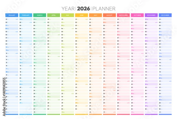 Fototapeta 2026 year annual planner with space for personal notes. Colorful schedule page journal, stationery calendar, organizer, planner template with monthly and daily agenda vector illustration