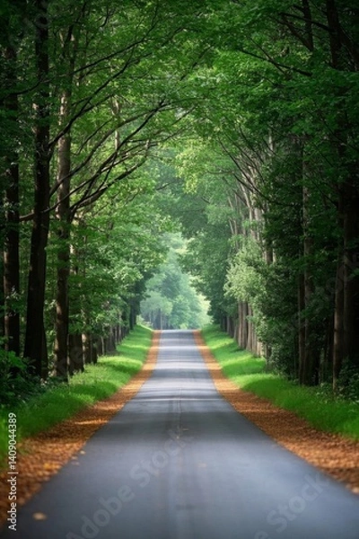 Fototapeta a view of a road that is lined with trees and leaves