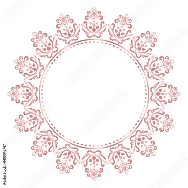 Fototapeta Decorative damask round frame, Elegant element for design in Eastern style, Classic place for text, Luxury Floral rose gold border, Lace illustration for invitations and greeting cards