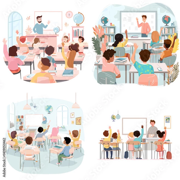 Fototapeta Colorful classroom illustrations with students and teachers interacting in learning environments. Ideal for education, teaching, back to school, and academic visual content.

