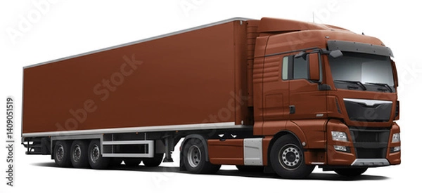 Fototapeta A modern European truck with a cab and semi-trailer in full brown. Front side view isolated on white background.