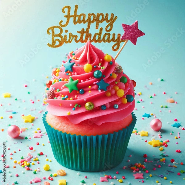 Fototapeta Bright Birthday Cupcake with Pink Frosting, Colorful Sprinkles, and Glittery "Happy Birthday" Topper on Blue Background

