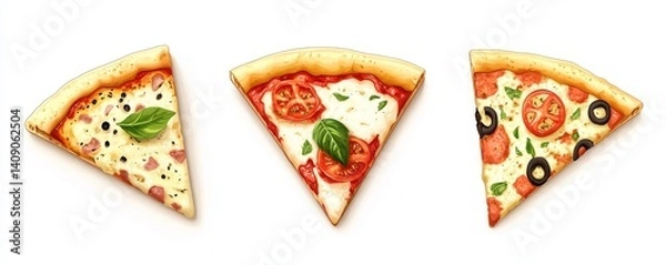 Fototapeta Three pizza slices adorned with different toppings are depicted in an illustration