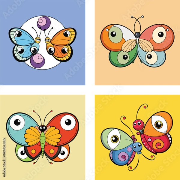 Fototapeta Whimsical Butterfly Cartoon Collection With Big Eyes And Vibrant Colors
