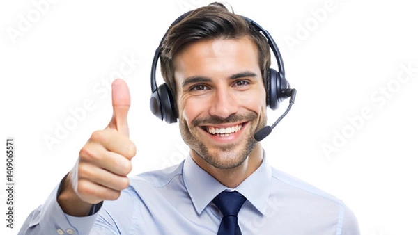 Fototapeta A smiling businessman with a headset, a customer service representative, stands holding a tablet, embodying professional corporate work.