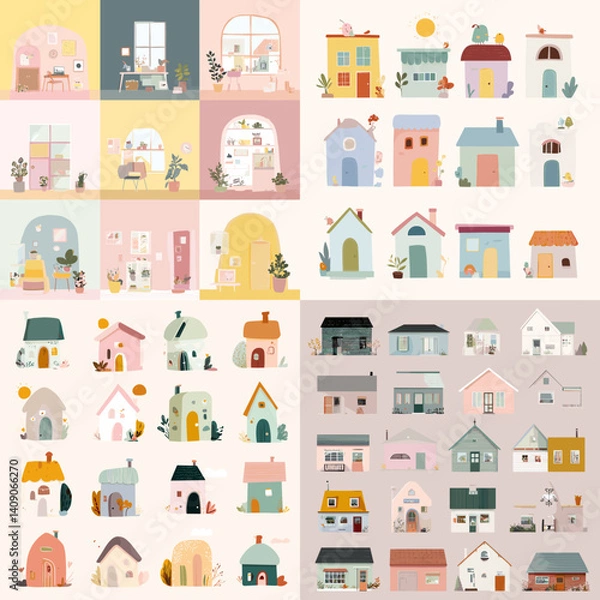 Fototapeta Whimsical flat-style illustrations of houses and cozy rooms in soft pastel colors, ideal for kids’ decor, home-themed designs, printables, and storybook visuals.

