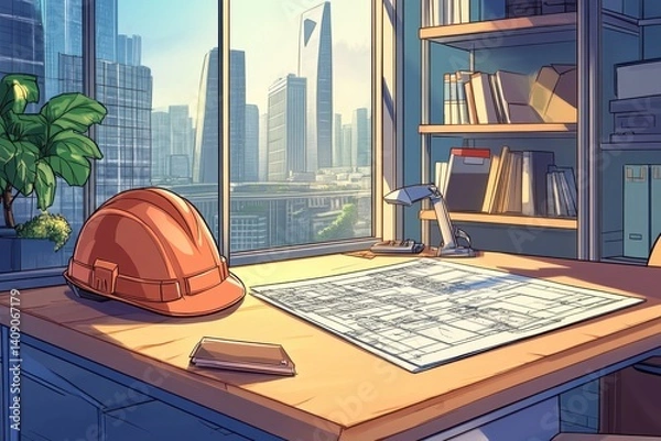 Fototapeta Office Space with Construction Tools and City View in Bright Setting