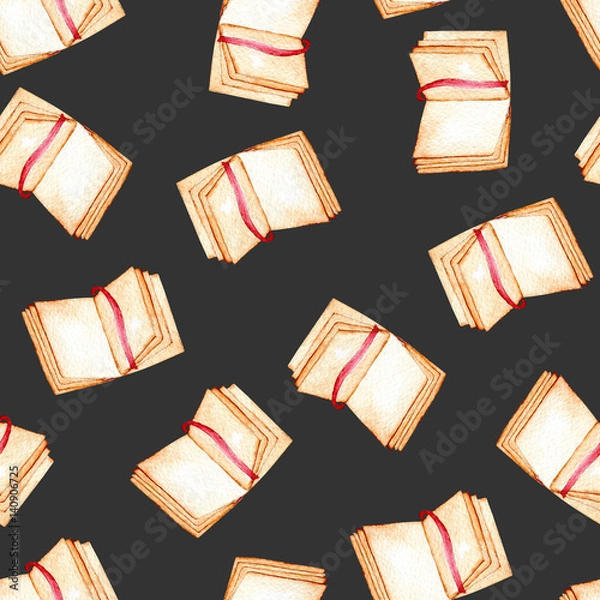 Fototapeta Seamless pattern with watercolor open notebook, hand painted isolated on a dark background