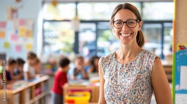Obraz Cheerful female teacher standing in vibrant classroom with children engaged in activities, showcasing a positive learning environment and professional demeanor.