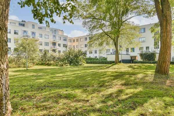 Fototapeta A lush green park featuring tall trees, grass, and modern residential buildings in the backdrop, providing a serene urban environment.