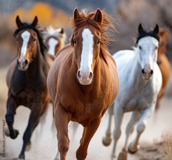 Fototapeta horses running through the desert, with dust clouds swirling around them