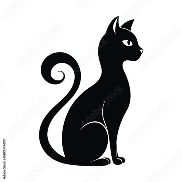 Fototapeta Stylized Silhouette of Seated Black Cat With Curled Tail Isolated on White Background