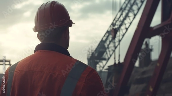 Fototapeta Construction manager directing the placement of heavy materials with a crane. Featuring leadership and coordination