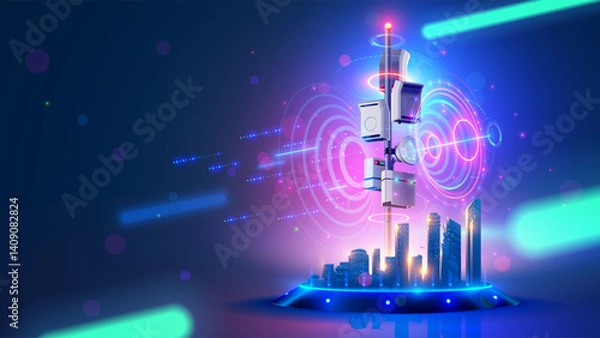 Fototapeta 5g cell network communication tower or antenna transmits wireless signal on smart city. Cellular high speed internet. 5g or 6g telecommunication technology. Cellular Antenna for wireless network.