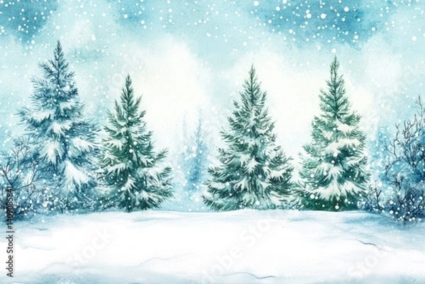 Fototapeta A tranquil winter scene features lush evergreen trees blanketed in snow under a soft snowfall against a pale blue sky
