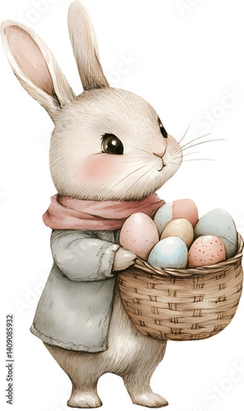 Obraz rabbit holding easter eggs watercolor vintage on transparent background. symbol happy easter png illustration