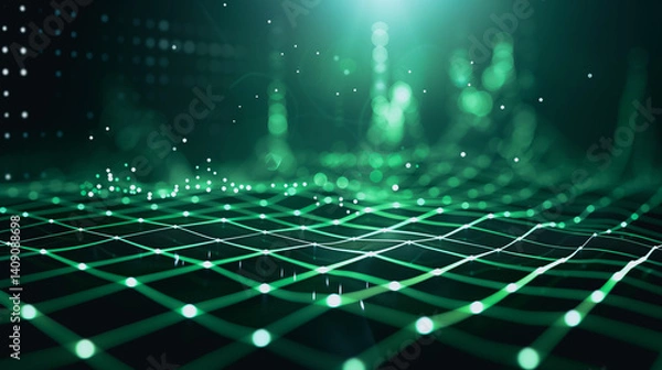 Fototapeta Digital Grid: A mesmerizing abstract image, a luminous grid of glowing green lines intersects over a dark background, representing a futuristic digital landscape.