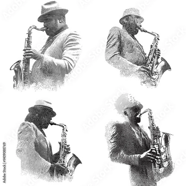 Fototapeta Artistic black and white illustrations of jazz musicians playing saxophone, perfect for music posters, vintage decor, jazz festival graphics, or soulful performance artwork.

