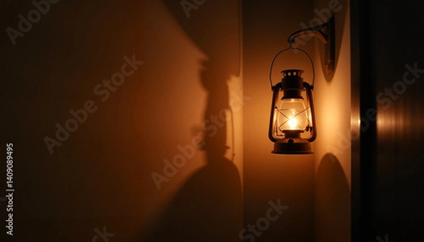 Fototapeta Warm lantern flickering in intimate room at dawn, cozy atmosphere