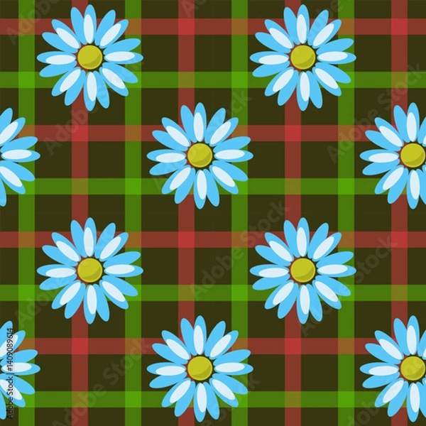 Fototapeta Seamless vector pattern with daisies on colorful checkered background in tablecloth style