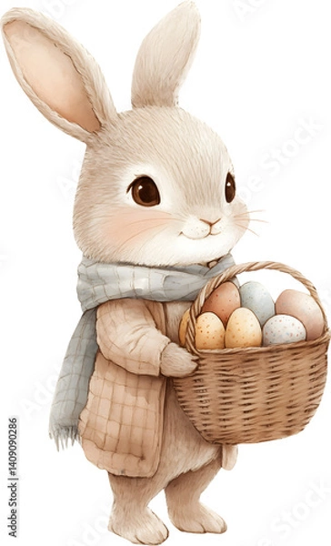 Fototapeta Easter with a bunny and a basket of painted colorful eggs watercolor on transparent background. Happy Easter banner for advertisement, header, easter rabbit, egg, and spring flowers, png AI-generated 