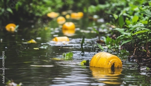 Obraz Pollution in a waterway. Yellow plastic waste