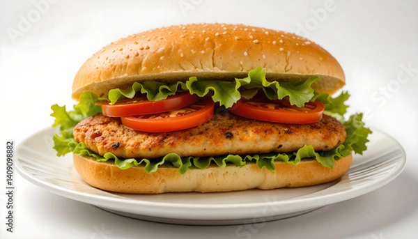 Fototapeta Juicy Chicken Burger with Sesame Bun, Lettuce, and Tomato