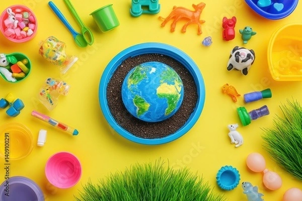 Fototapeta Colorful toys surrounding a miniature earth model.
