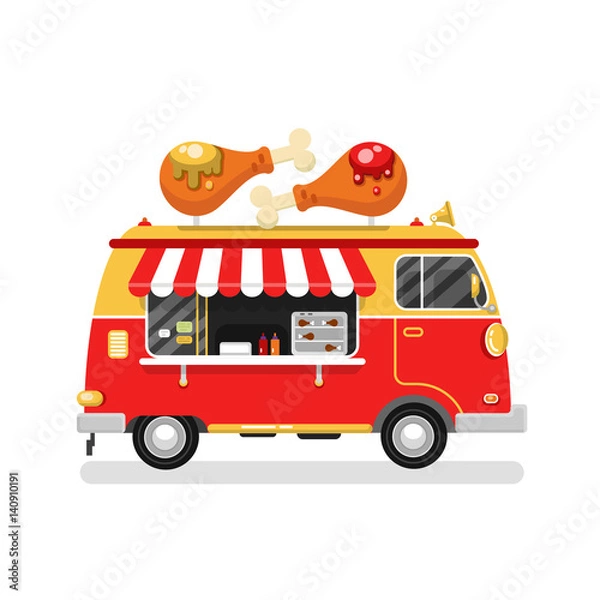 Fototapeta Flat design vector illustration of cartoon fried chicken van. Mobile retro vintage shop truck icon with signboard with two big chicken legs with ketchup and mustard. Car side view, isolated on white.