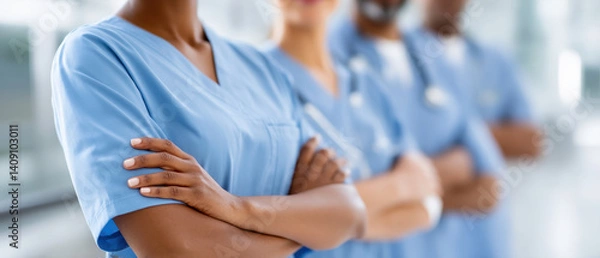 Fototapeta Close up of medical team with folded arms in hospital setting, showcasing professionalism and teamwork among healthcare workers